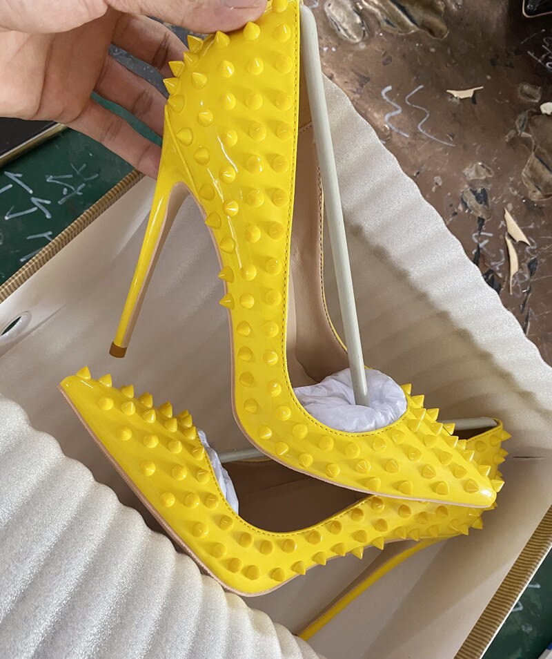 Heelgoo Yellow Women Sexy Spikes Pointy Toe High Heel Club Party Shoes Designer Classic Stiletto Pumps 8cm 10cm 12cm Customize