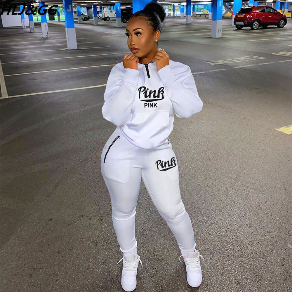 HLJ&amp;GG Winter Tracksuits Two Piece Sets Pink Letter Print Solid Casual Outfits Zip Sweatshirt + Pockets Pants Women Sweat Suits
