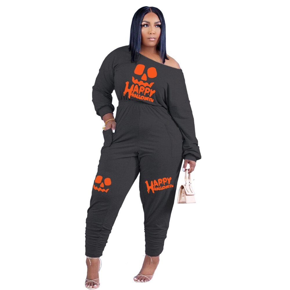 HLJ&amp;GG Casual Women Letter Print Jumpsuits Fall Winter Off Shoulder with Pocket One Piece Playsuits Female Clothing Dropshipping
