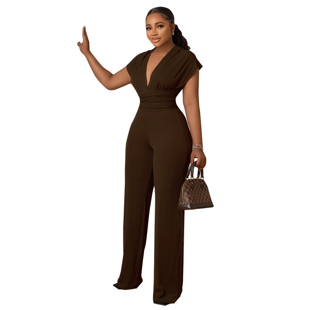 Summer Long Wide Leg Jumpsuit Women Fashion Office Lady V-neck Short Sleeved High Waist Jumpsuit Women