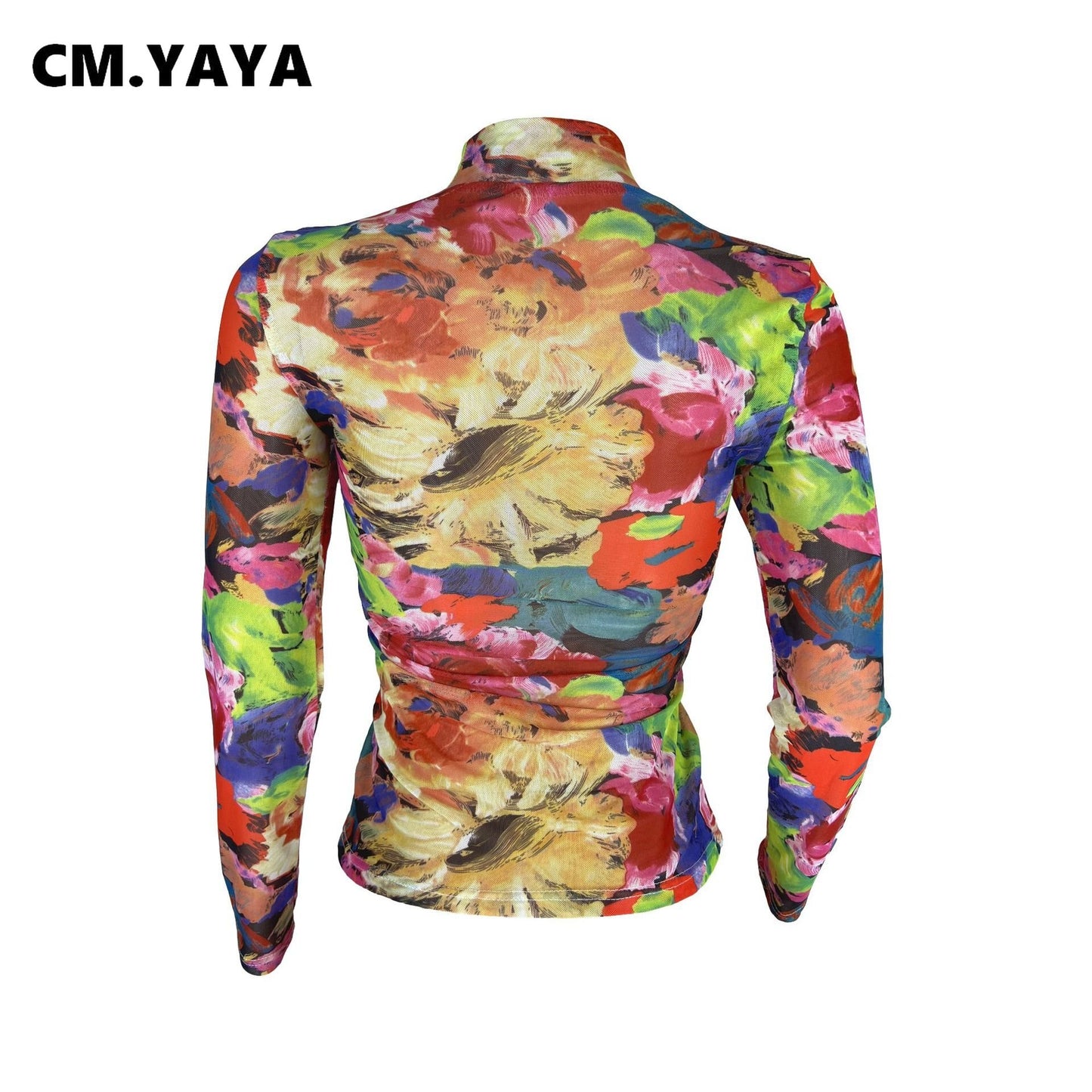 CM.YAYA Women Fashion Tie Dye Floral Printed Long Sleeve Mesh See Though Stretch T-shirt 2023 Street Classic Female Tee Tops