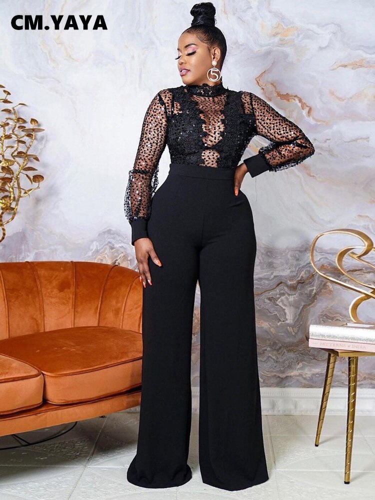CM.YAYA Women Lace Patchwork Long Sleeve Loose Straight Jumpsuit Fashion Streetwear Sexy Party One Piece Set Overall Playsuit