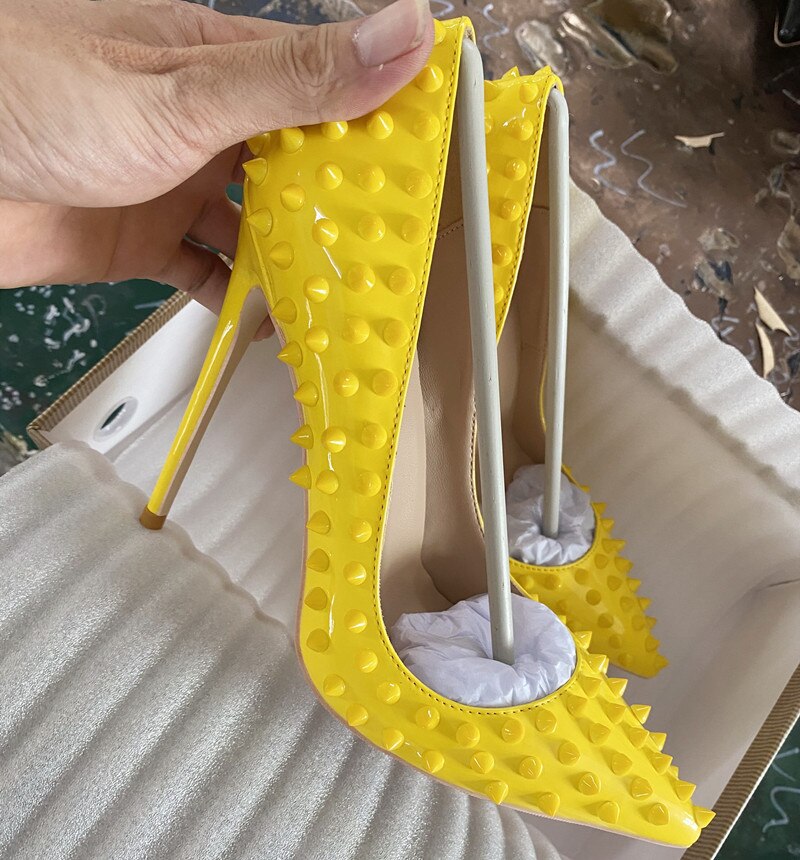 Heelgoo Yellow Women Sexy Spikes Pointy Toe High Heel Club Party Shoes Designer Classic Stiletto Pumps 8cm 10cm 12cm Customize