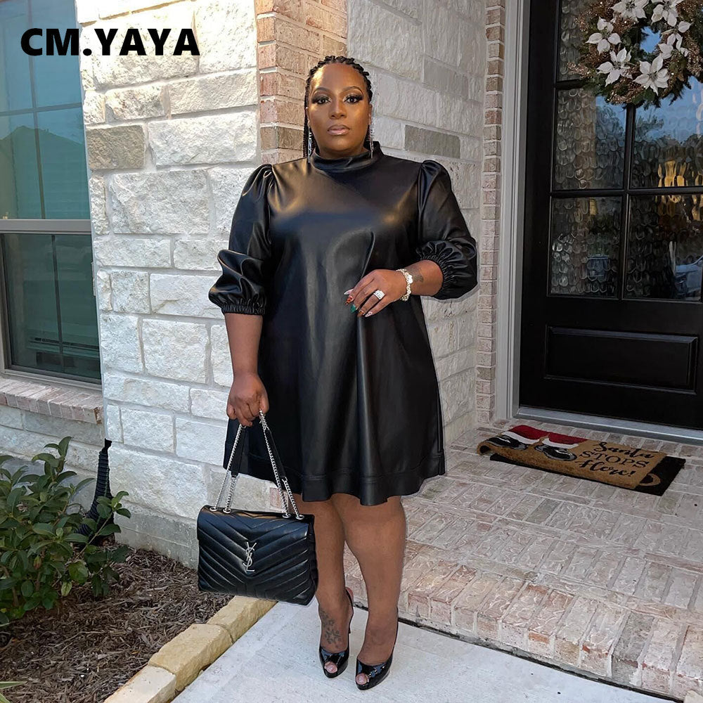 CM.YAYA Plus Size Women Half Length Black Faux Leather PU A-line Knee Length Dress for Winter Spring Streetwear Basic Dresses