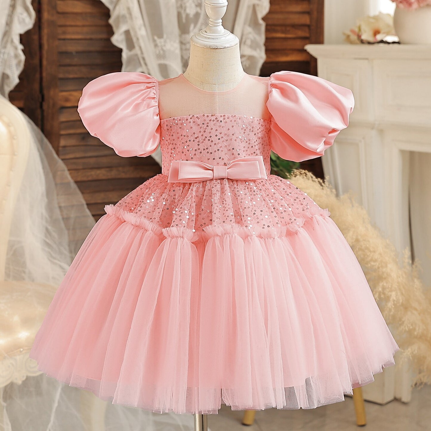 2023 Pink Elegant New Girl Princess Dresses For Kids Events Prom Costume Birthday Wedding Party Tulle Tutu Bow Girl Vestido 1-5T