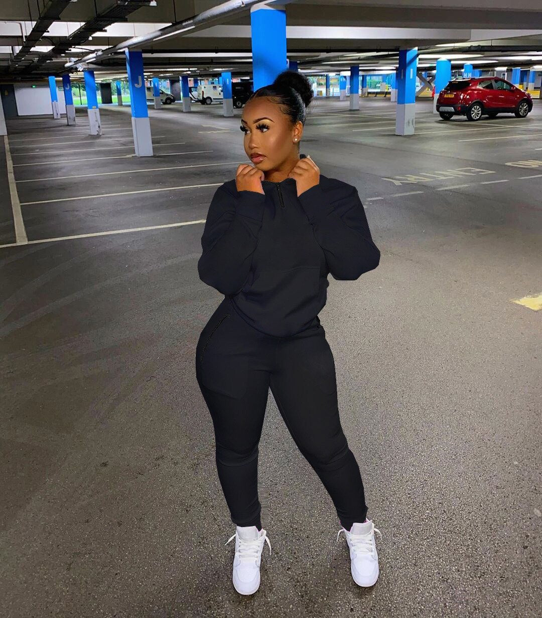 HLJ&amp;GG Winter Tracksuits Two Piece Sets Pink Letter Print Solid Casual Outfits Zip Sweatshirt + Pockets Pants Women Sweat Suits