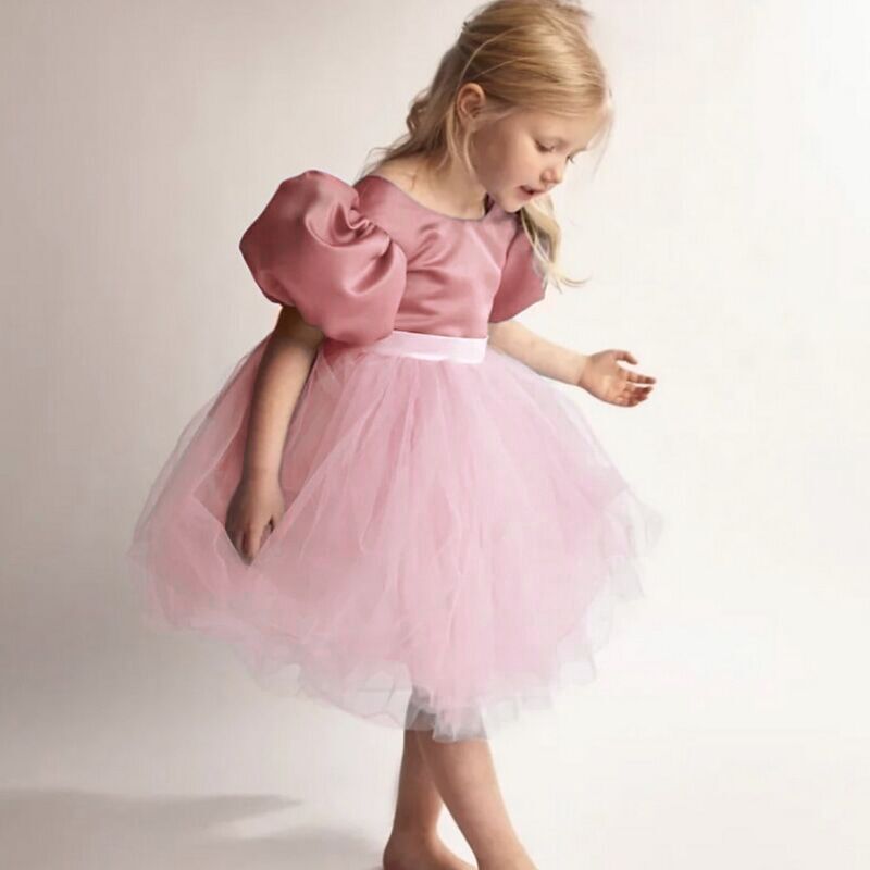 Girls Wedding Puff Sleeve Princess Costume 2023 Fashion Pink Elegant Ball Gown Dresses 3-8 Yrs Kids Vestido For Birthday Party