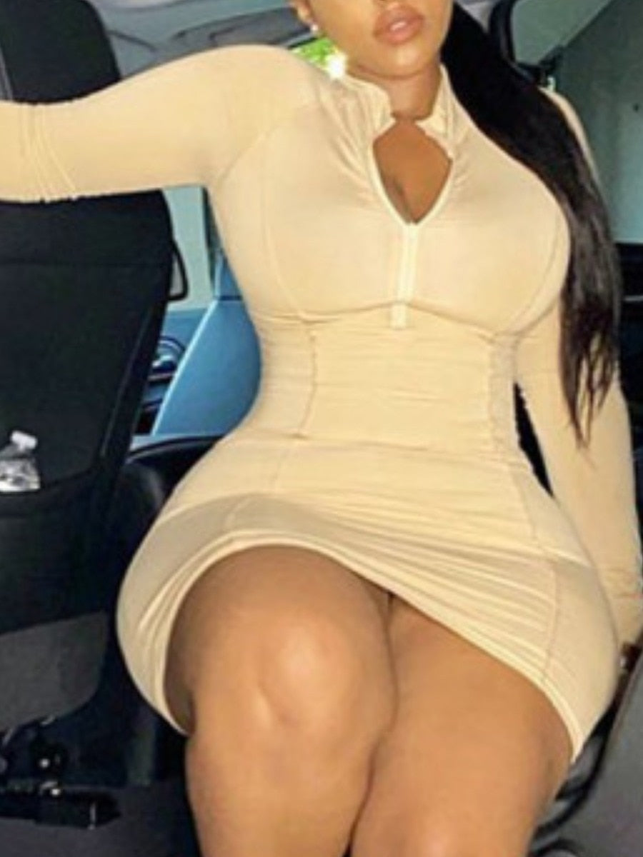 LW Plus Size Casual Zipper Design Mini Dress Mandarin Collar Long Sleeve V Neck Sheath Body-shaping Cleavage Female Vestidos