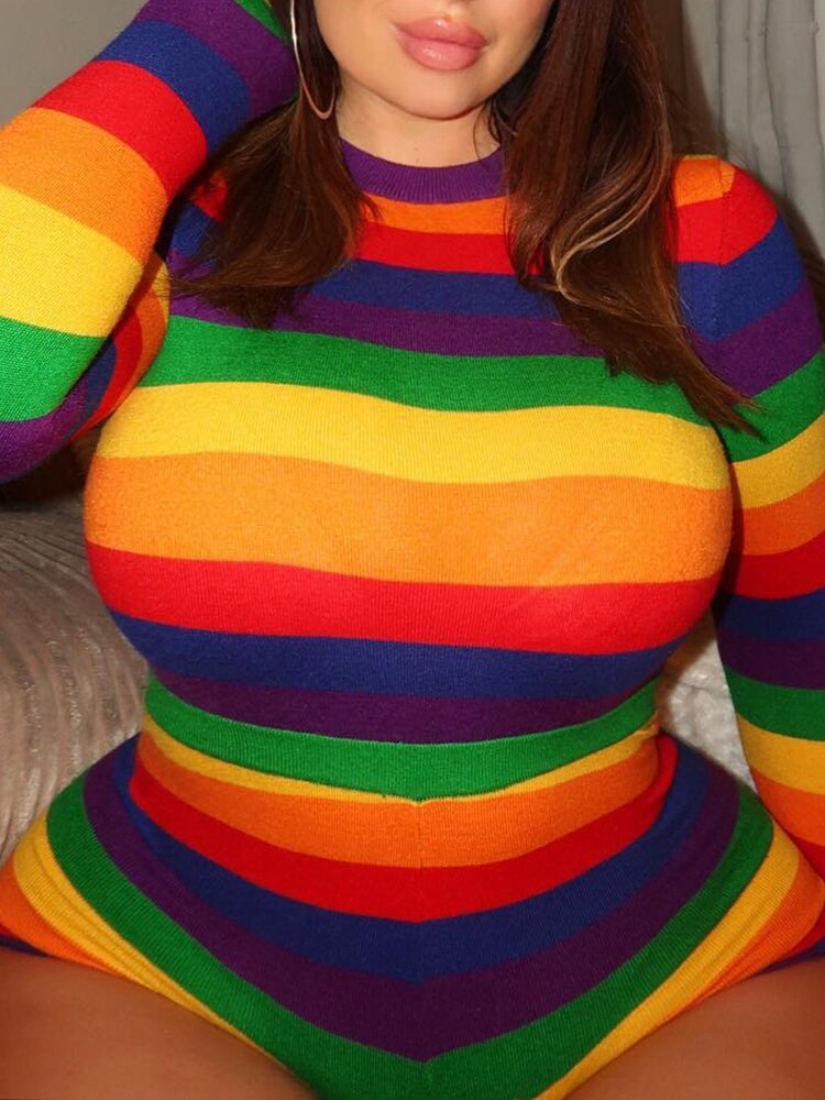 Rainbow Striped Long Sleeve Bodysuit Romper Full Sleeve Skinny Sexy Fashion Casual Women 2022 Spring Summer