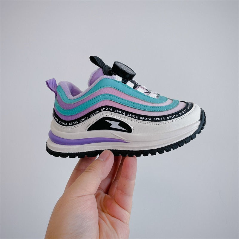2022 Winter New Children's Shoes Boys' Knob Sports Cotton Shoes Korean Thickened Thermal Girl's Colorful Strips Sneakers