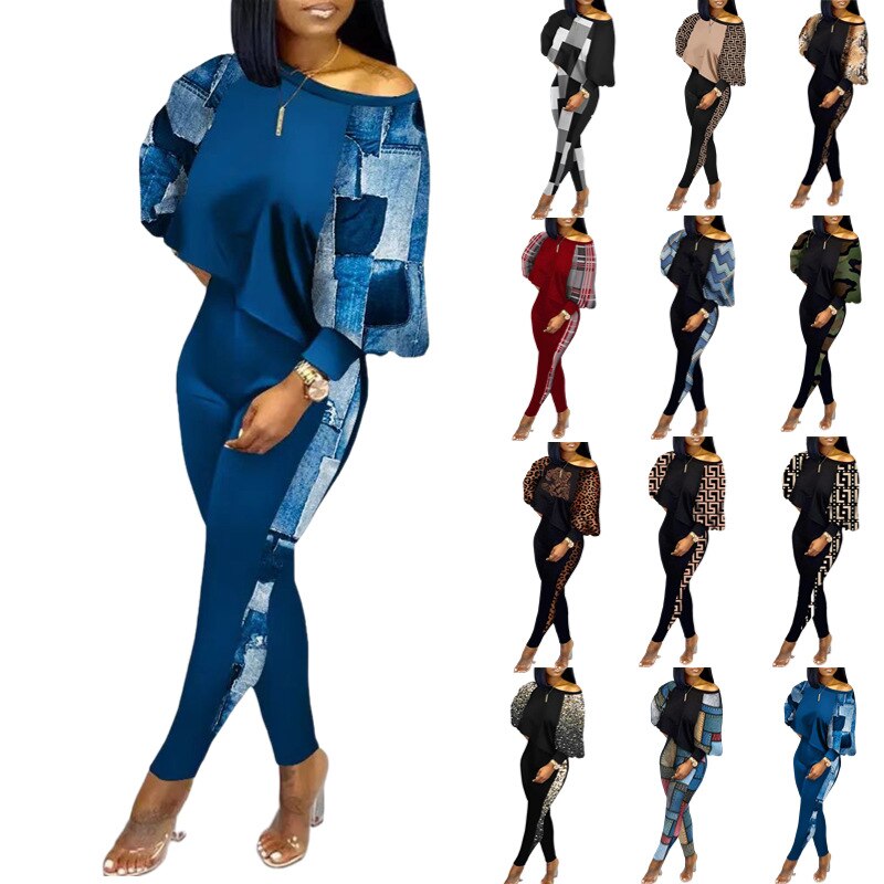 Spring Fashion Print Two Piece Set Women's Diagonal Neck Long Sleeve Casual T-shirt Tights Slim Two Piece Set Women