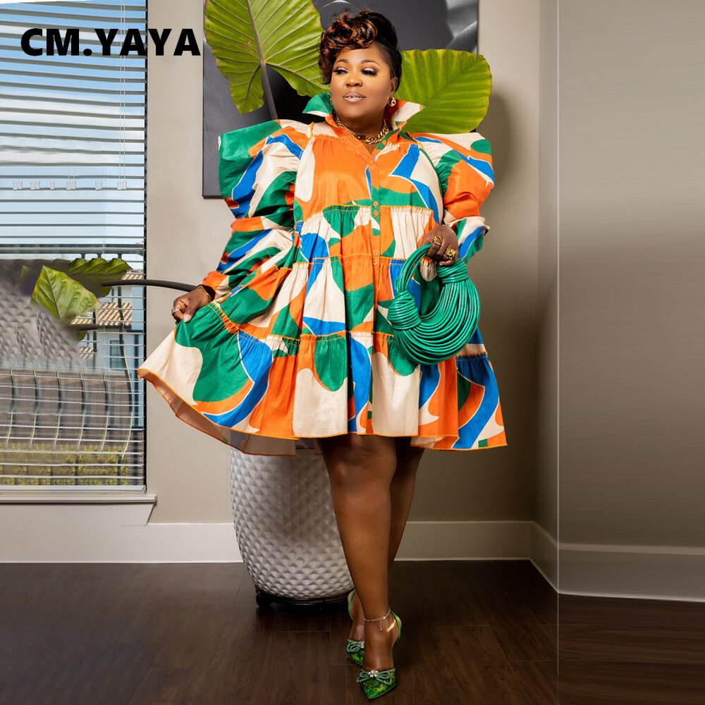 CM.YAYA Plus Size Women Houndstooth Tie Dye Camouflage Printed Puff Long Sleeve Button Shirt Smock Babydoll Big Swing Dress