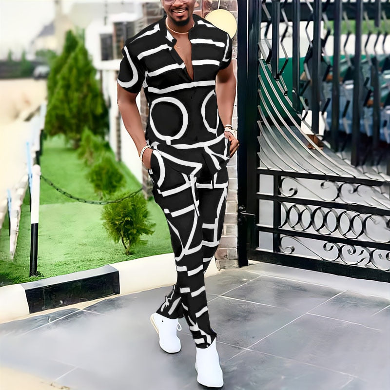 Spring Summer Men's Casual Two Piece Sets Short Sleeve Tops And Long Pants Suit 2022 Fashion Pattern Print Outfit Men Streetwear