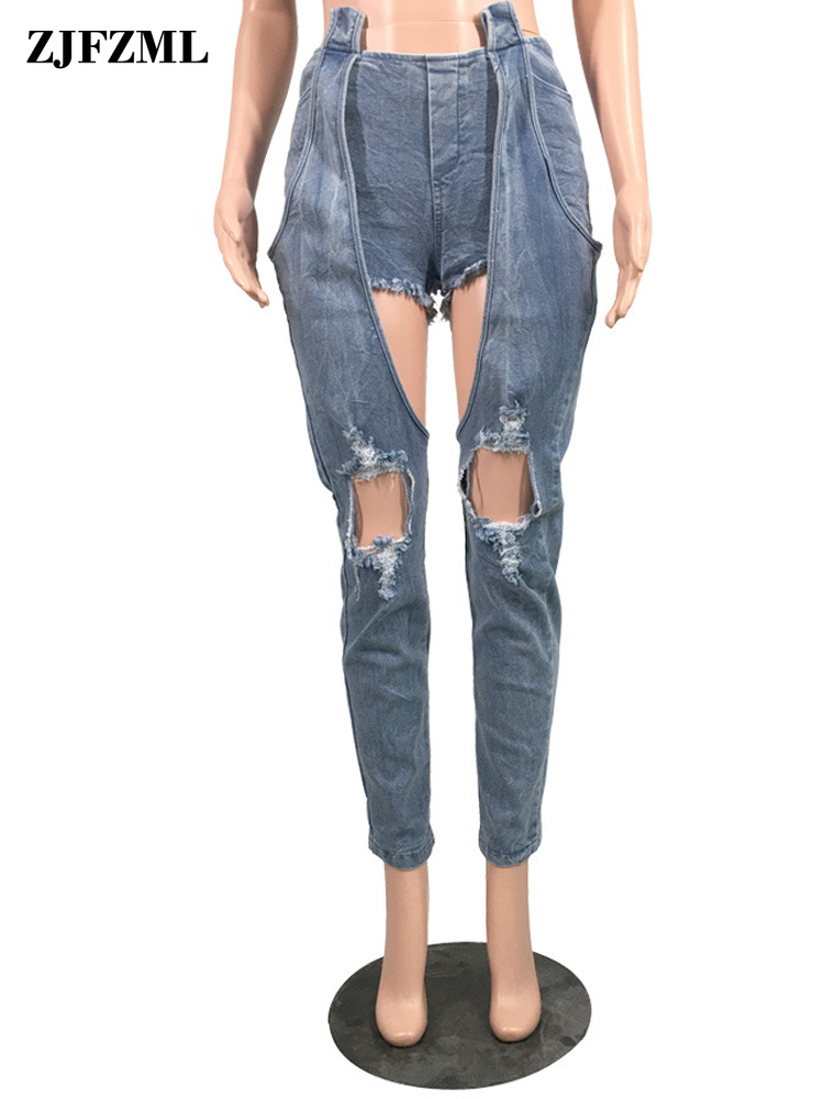 Sexy Destroyed Hole Denim Jeans for Women High Waist Spliced Ripped Jeans Hollow Out Streetwear Mujer Skinny Full Length Jeans
