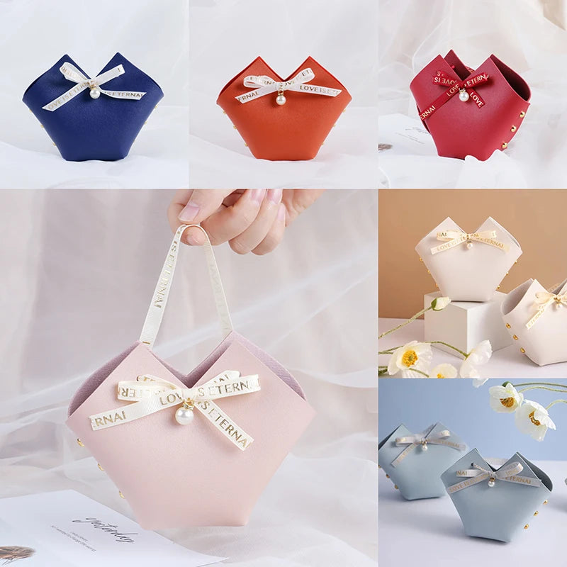 10/20PCS Leather Gift Bags Bow Ribbon Packaging Bag Wedding Favour Distributions Bags Christmas Candy Packaging Box Mini Handbag