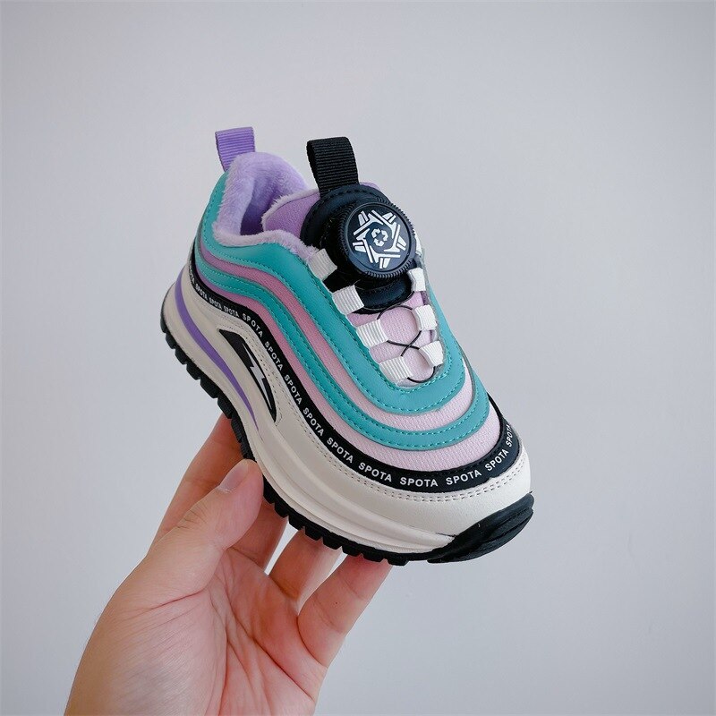 2022 Winter New Children's Shoes Boys' Knob Sports Cotton Shoes Korean Thickened Thermal Girl's Colorful Strips Sneakers