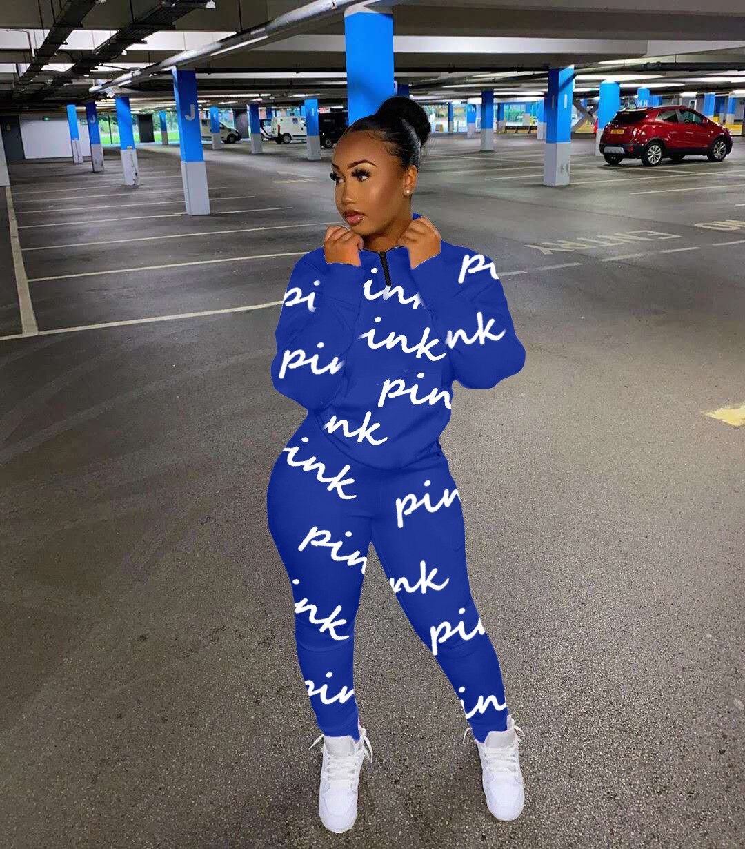 HLJ&amp;GG Winter Tracksuits Two Piece Sets Pink Letter Print Solid Casual Outfits Zip Sweatshirt + Pockets Pants Women Sweat Suits