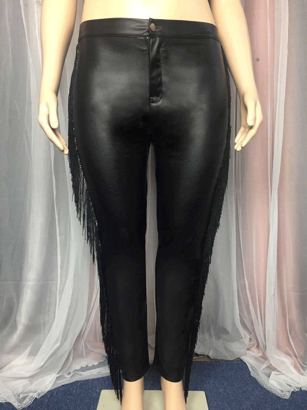 Plus Size Women Pants PU Leather Fringed Trousers 2022 Fall Female Elegant Pants Lady Casual Designer Tassel Trousers Wholesale