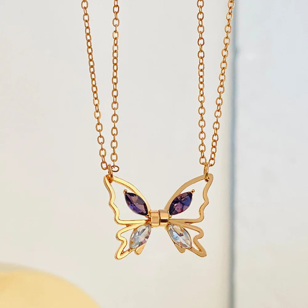 Dainty Magnetic Couple Necklace For Women Lovers Crystal Butterfly Pendant Clavicle Chain Best Friend Friendship Jewelry Gifts