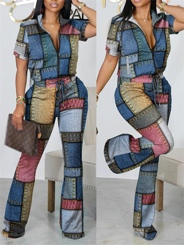 2023 Two Piece Sets Womens Geometric Print Zip Up Top &amp; Drawstring Pants Set Outifits Fashion Tracksuits Casual T Female Outfit