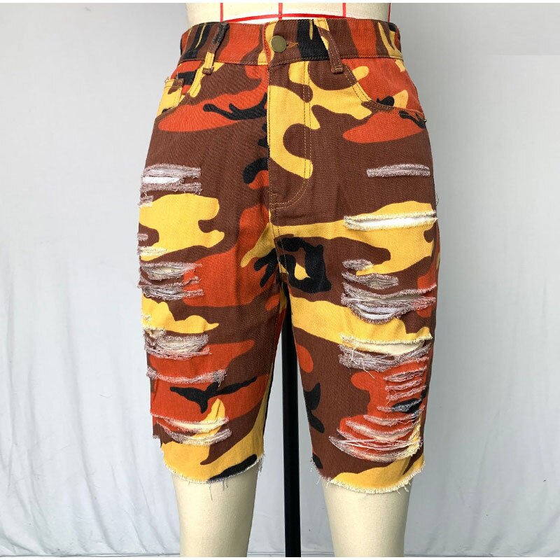 Plus Size Streetwear Ripped Skinny Camouflage Jeans Shorts 5XL Bodycon Workout Running Shorts Women Holographic Biker Bermudas