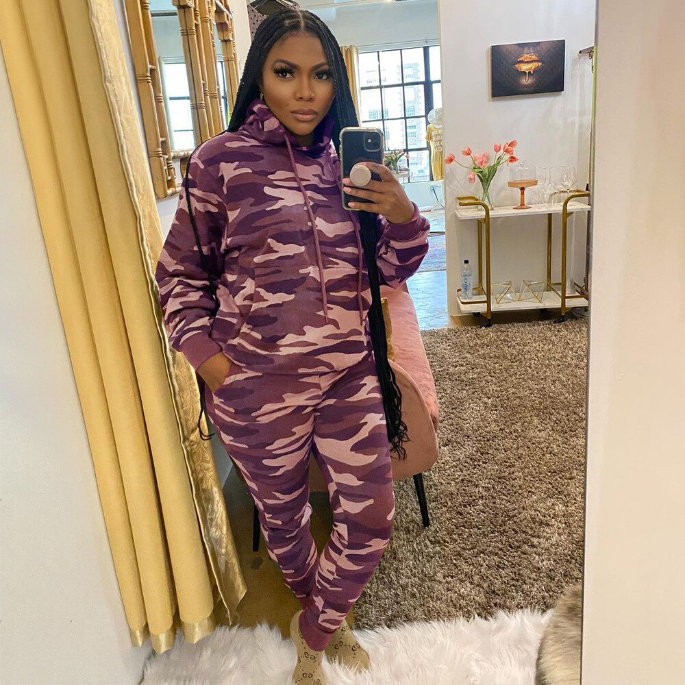 Ladies Camo Set Women Camouflage Tracksuit  Hoodies Sweatshirt Pants 2 Piece Sportwear Fall Outfits