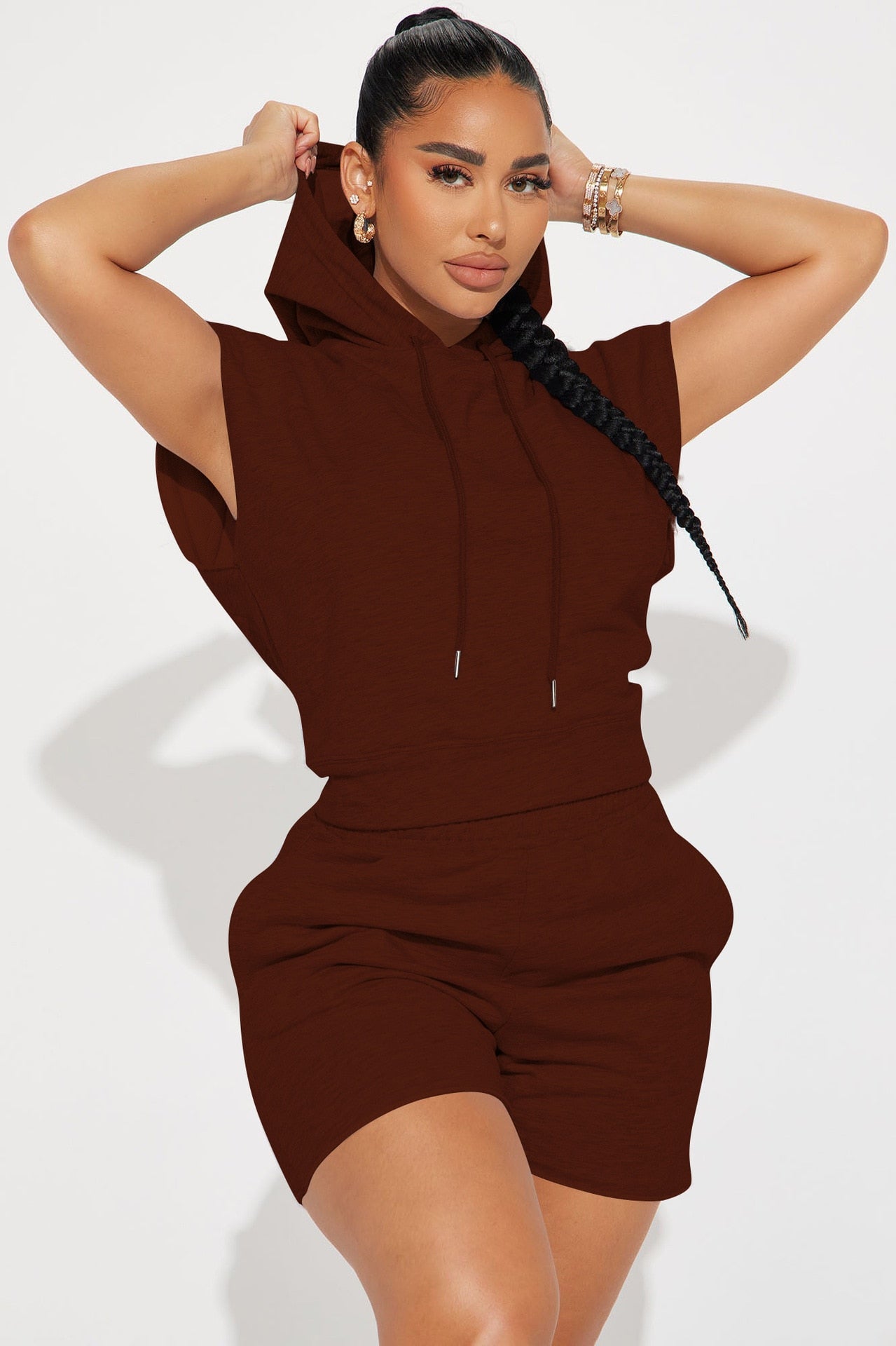 CM.YAYA Fashion Women's Set Hooded Flare Short Sleeve Sweatshirt and Shorts Suit 2023 Active Two 2 Piece Set Outfits Tracksuit