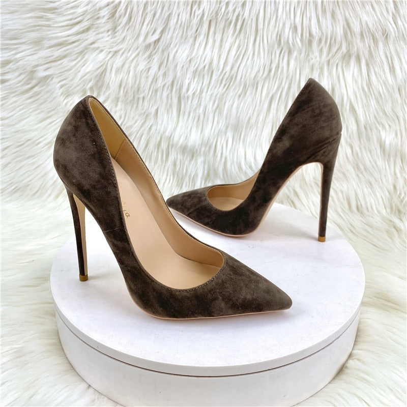 Heelgoo Coffee Brown Women Flock Syntheic Suede Pointy Toe Slip On High Heel Shoes Elegant Comfortable Dress Stiletto Pumps
