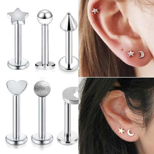 2PCS Surgical Steel Heart Ear Tragus Cartilage Piercing Mix Shape Labrets Lip Stud Ring Ball Lobe Earrings Body Piercing Jewelry