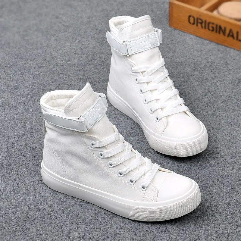 New Fashion High Top Sneakers Canvas Shoes Women Casual Shoes White Flat Female Basket Lace Up Solid Trainers Chaussure Femme
