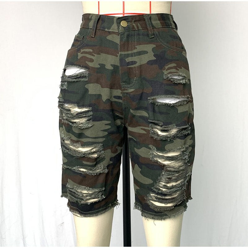 Plus Size Streetwear Ripped Skinny Camouflage Jeans Shorts 5XL Bodycon Workout Running Shorts Women Holographic Biker Bermudas