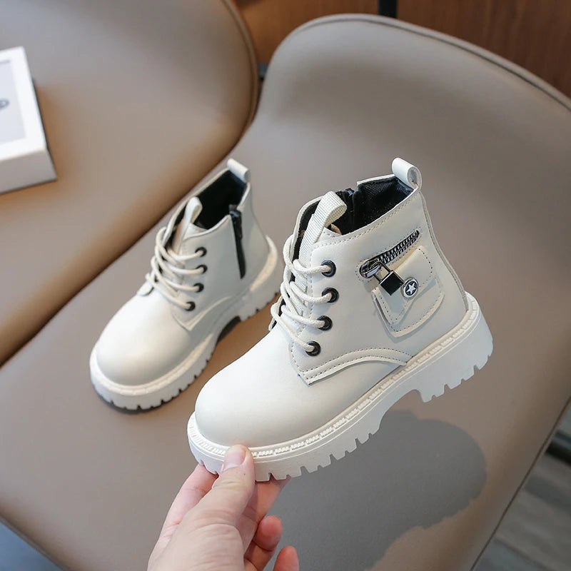 Handsome Lock Zipper Motorcycle Boots for Kids Girl Spring Autumn Brand Designer Pocket Children Shoes Boys Ankle Boots