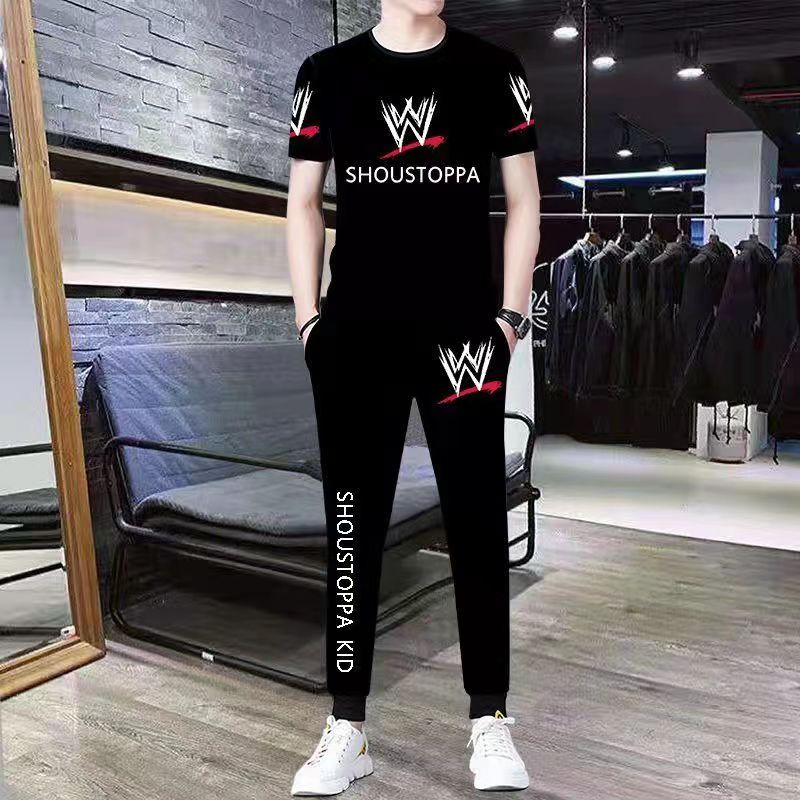 Summer new ice silk suit male summer youth fashion brand short sleeve T-shirt male loose pants casual sportswear male