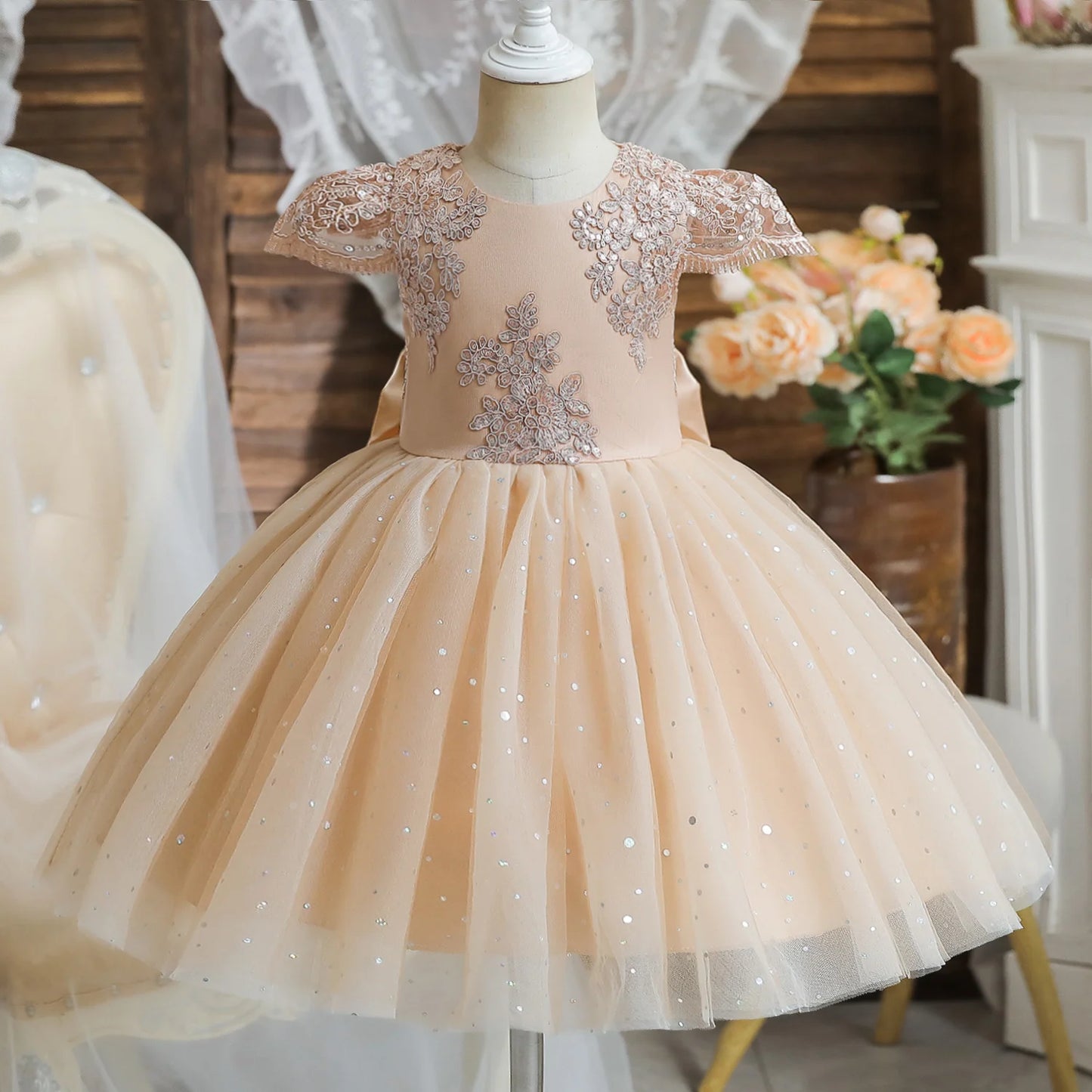 2023 Summer Sequin Big Bow Baby Girl Dress 1st Birthday Party Wedding Dress For Girl Palace Princess Evening Dresses Kid Clothes