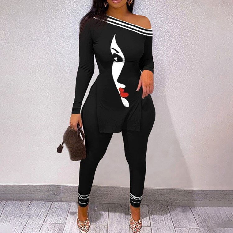 Autumn Fashion Print Two Piece Set Women Sexy Diagonal Neck Off Shoulder Split Tshirt Pencil Pants Two Piece Set Women