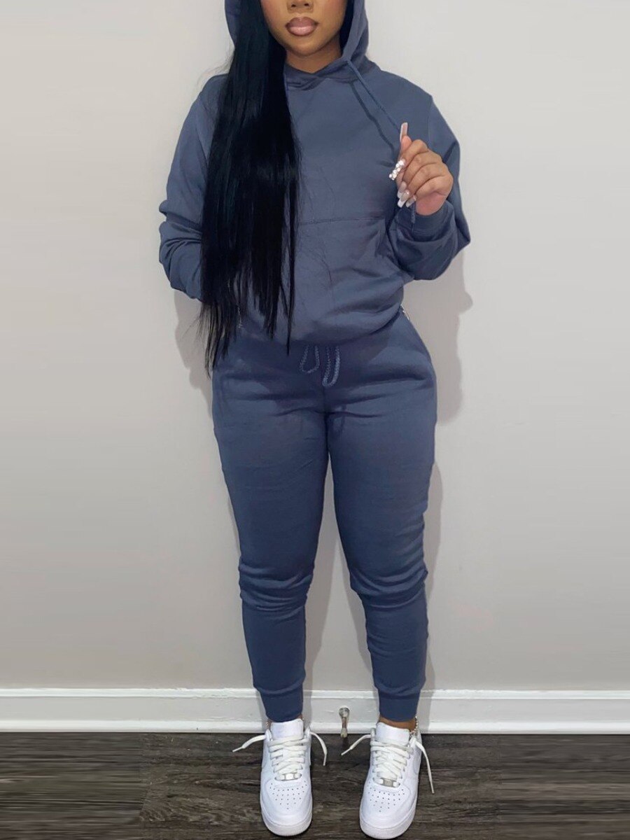 LW BASICS Hooded Collar Drawstring Tracksuit Set Two piece sets womens outifits Long Sleeve Lace-up Hooded Collar women sportswe
