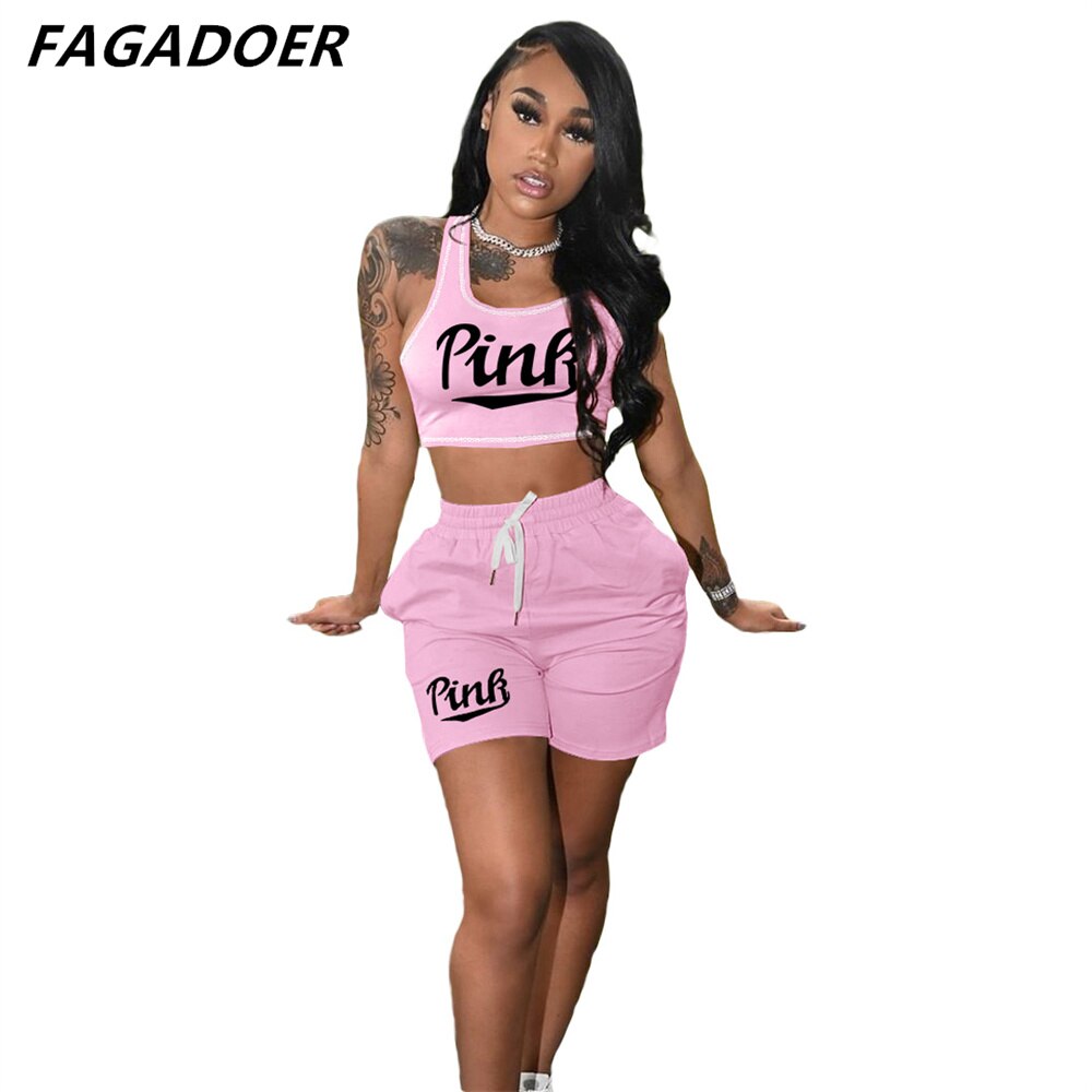 FAGADOER Summer Women Pink Letter Print Sleeveless Crop Top+Pencil Shorts Suit Two Piece Set Tracksuits Outfit Sporty Streetwear