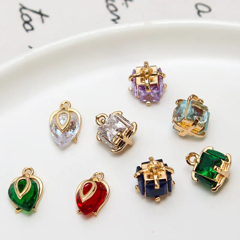 1pcs Copper Inlaid Zircon Crystal Flower Bud Water Drop Square Pendant Diy Jewelry Earrings Necklace Bracelet Handmade Charms