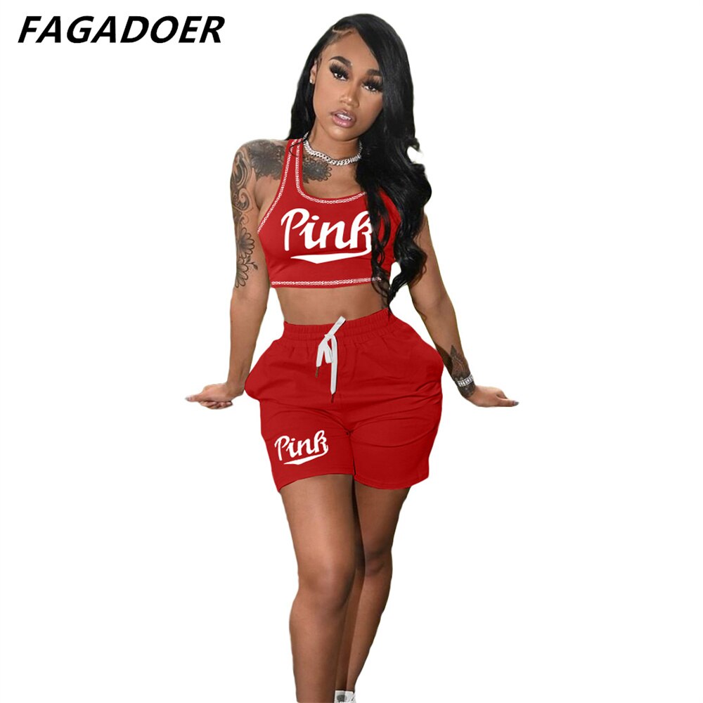 FAGADOER Summer Women Pink Letter Print Sleeveless Crop Top+Pencil Shorts Suit Two Piece Set Tracksuits Outfit Sporty Streetwear