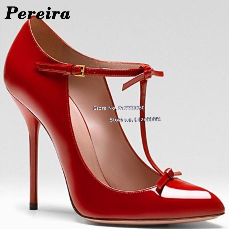 Pereira Solid Bow Knot T-strap Pumps for Women Pointed Toe Buckle Strap Block Heel Wedding Shoes Thin High Heel Shoes on Heels