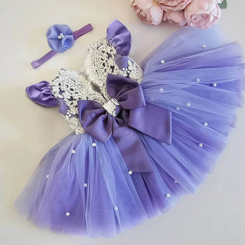 2023 Pink Elegant New Girl Princess Dresses For Kids Events Prom Costume Birthday Wedding Party Tulle Tutu Bow Girl Vestido 1-5T