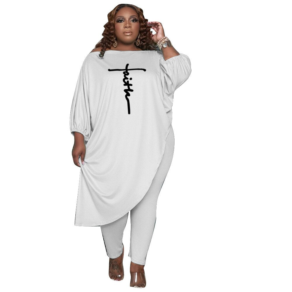 Elegant Plus Size Women's Clothing 4xl 5xl Loose Solid Color Slanted Shoulder Embroidery Tops Sexy Two Piece Sets Wholesale
