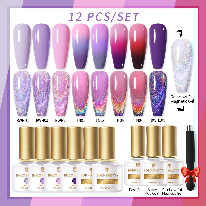 BORN PRETTY 10/12Pcs Gel Nail Polish Set 7ml Jelly Nude Gel &amp; Rainbow Cat Magnetic Gel Polish for Nail Art Design Base Top Coat