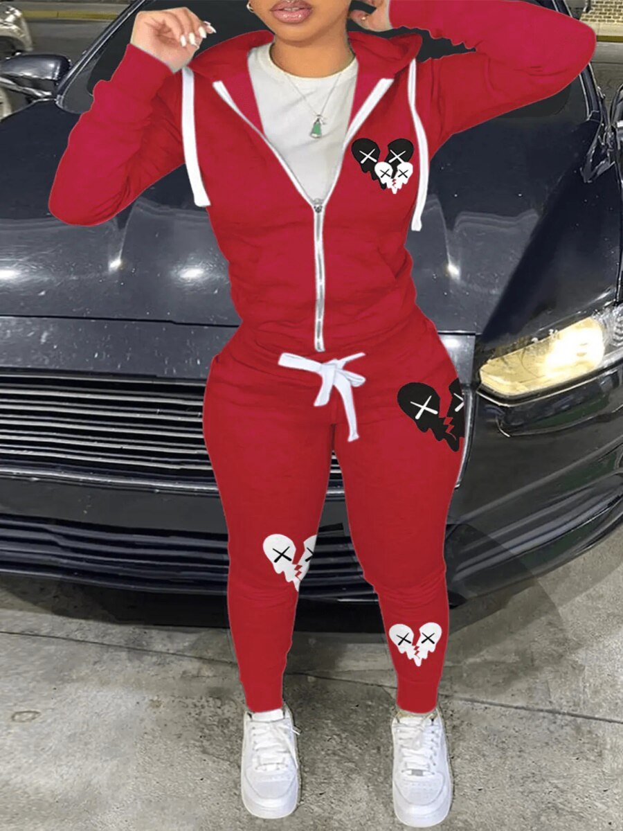 LW Simple Two Piece Set Women Casual Sporty Long Sleeve Zipper Design Top Hooded Collar Broken Heart Print Female Tracksuit Set