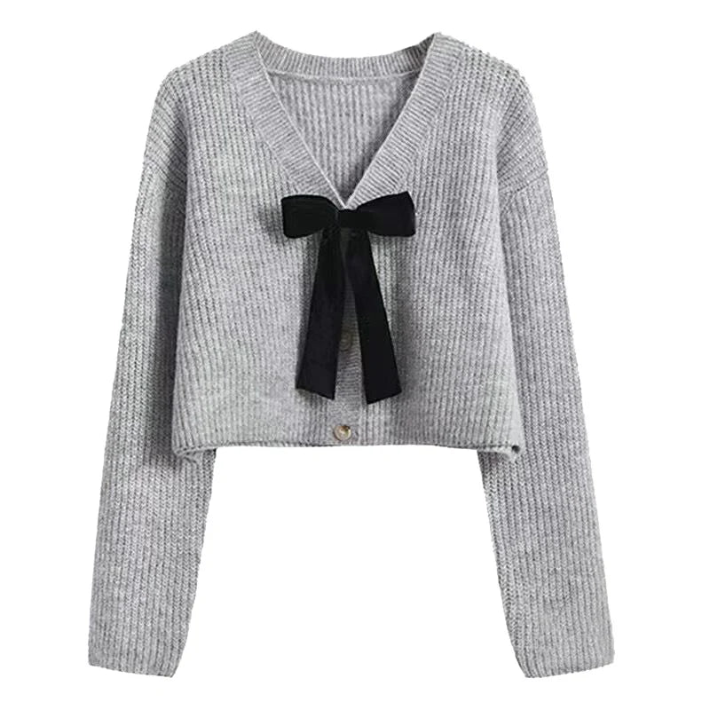 Autumn Women's Kawaii Knit Cardigan Short Style Solid V-neck Long Sleeve Sweet Bow Decoration Sweater Fashion All-match Coat