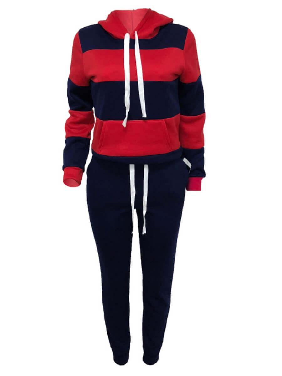 LW Plus Size Striped Drawstring Tracksuit Set Autumn Women Hoodie Pants Set Striped Printed Hooded Long Sleeve Warm Sweatshirts