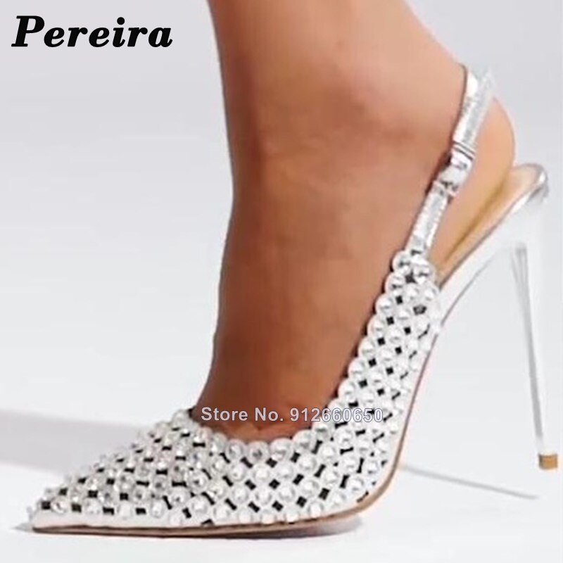 Pereira Back Strap Crystal Sandals Black Silver Women Pointy Toe Solid Backsling Women Shoes On Heels Thin High Heel Sandals