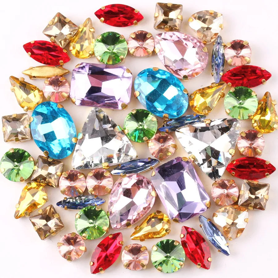 Gold claw settings 50pcs/bag shapes mix  jelly candy white color glass crystal sew on rhinestone wedding dress shoes bags diy