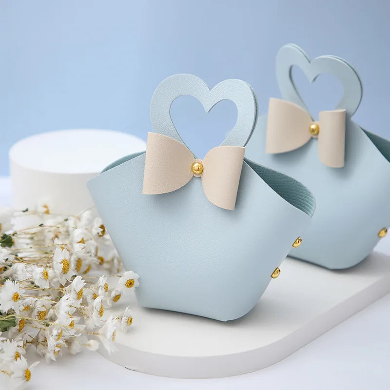 10/20PCS Leather Gift Bags Bow Ribbon Packaging Bag Wedding Favour Distributions Bags Christmas Candy Packaging Box Mini Handbag