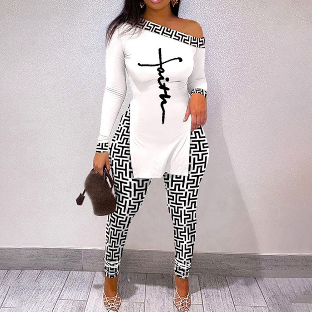 Autumn Fashion Print Two Piece Set Women Sexy Diagonal Neck Off Shoulder Split Tshirt Pencil Pants Two Piece Set Women